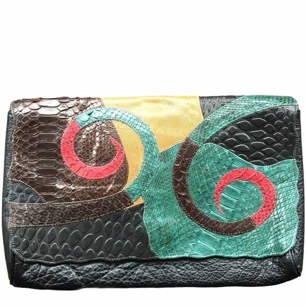 CARLOS FALCHI Vintage 80’s Patchwork Leather Snakeskin Lizard Clutch Purse Bag